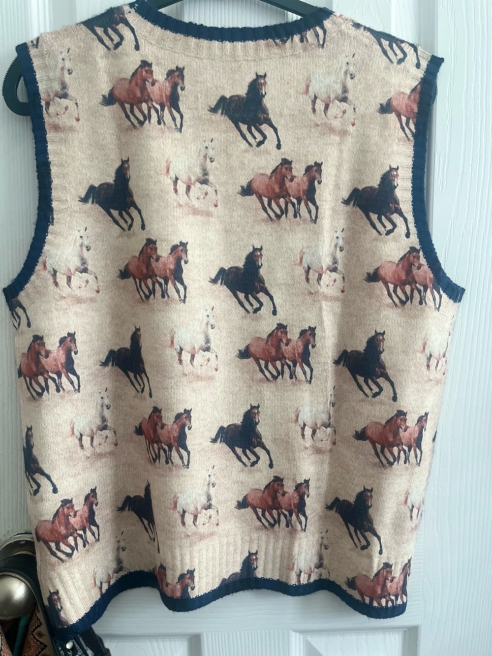 Horse Print Knit Vest in Beige with Navy Trim